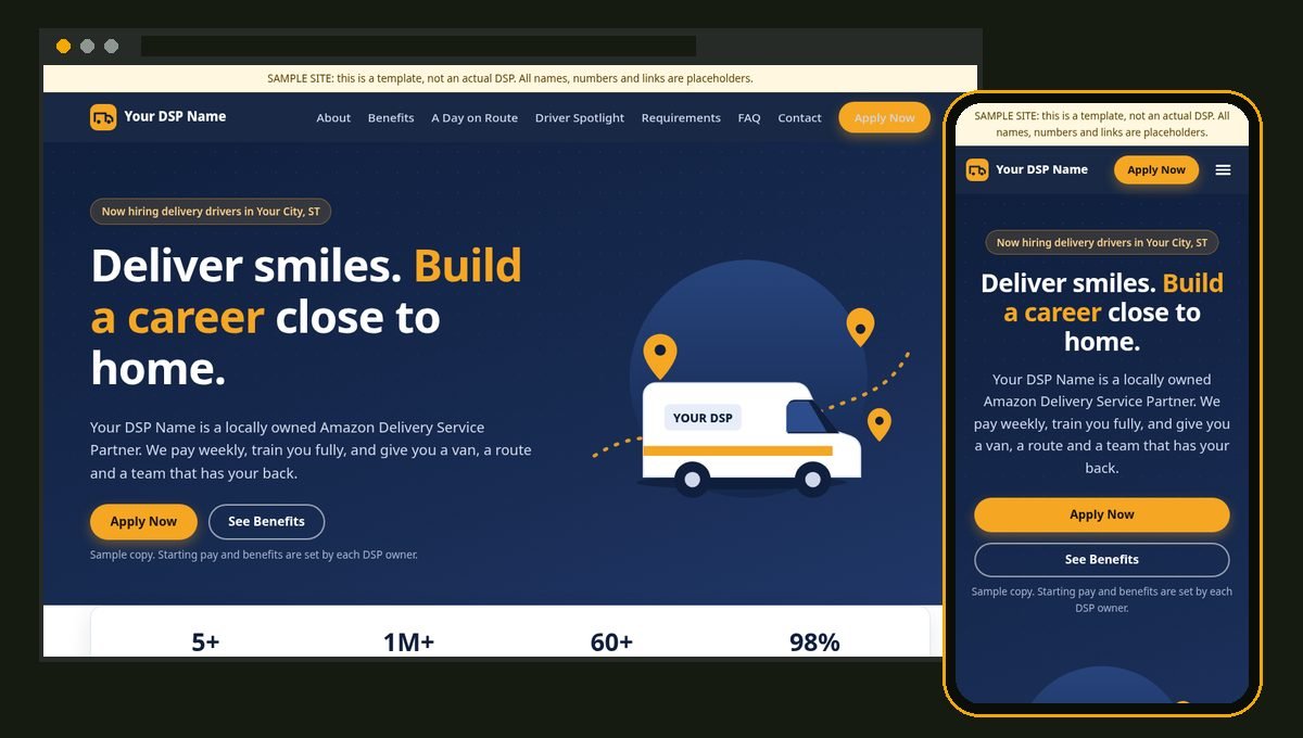 Sample DSP website shown on a desktop screen and a phone: navy and amber, headline, Apply Now button